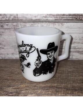 Vintage 1950’s Hopalong Cassidy White Milk Glass Cup Mug Western 8A Black